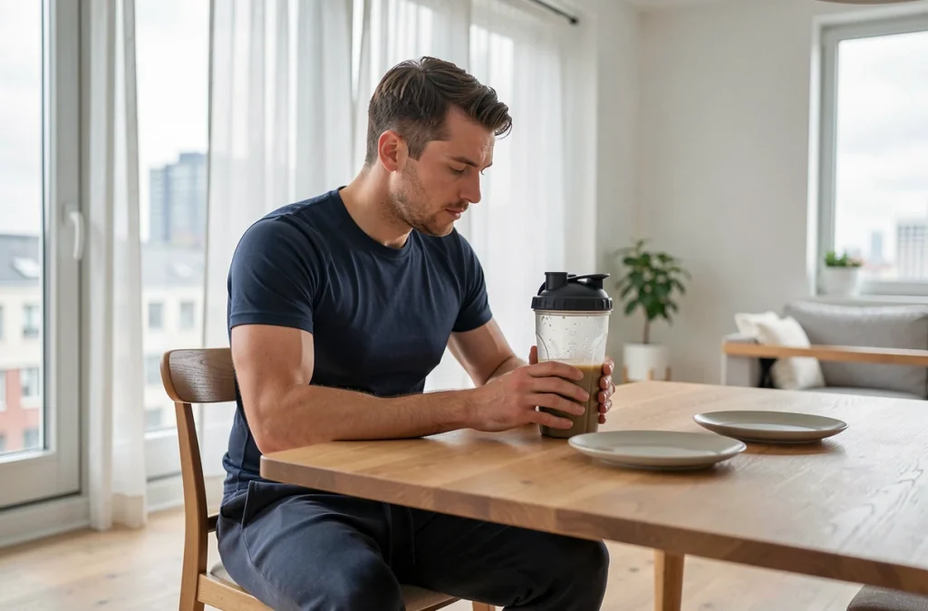 Homme assis devant un shaker de whey et une assiette repoussée illustrant le choix de remplacer un repas par de la protéine en poudre