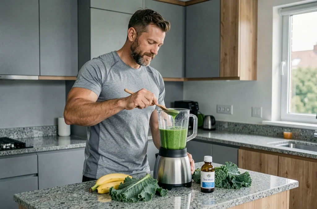 Homme préparant un smoothie avec du sea moss gel pour augmenter son énergie et renforcer son système immunitaire