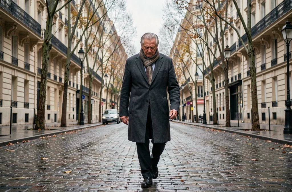 Homme politique français âgé marchant dans une rue parisienne en automne, évoquant la rumeur sur l'état de santé d'Hubert Védrine en 2026