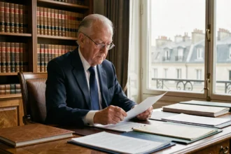 Portrait d'un ancien ministre français âgé dans un bureau diplomatique parisien, illustrant un article sur la santé d'Hubert Védrine en 2026