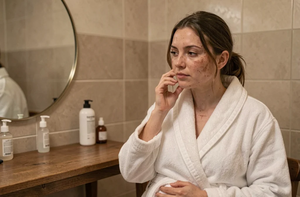 Femme enceinte observant les changements de son teint et la mélanodermie sur son visage dans un miroir de salle de bain