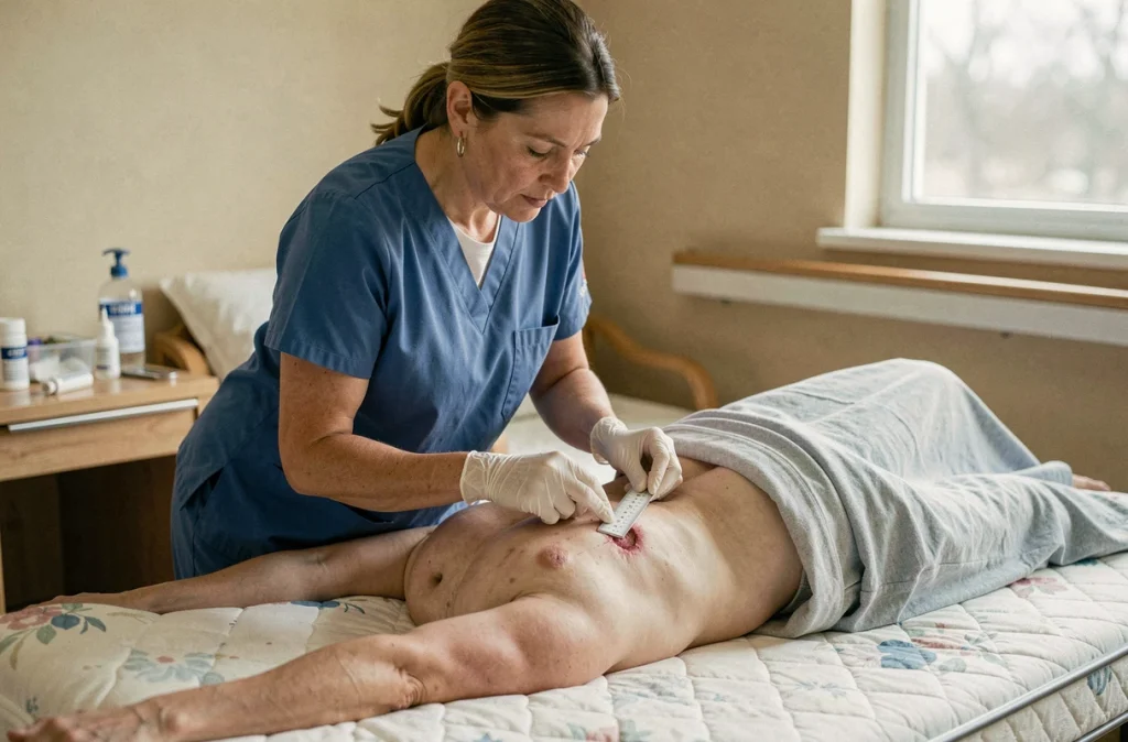 Infirmière mesurant une plaie d'escarre sacrale sur un patient en position latérale dans un établissement de soins