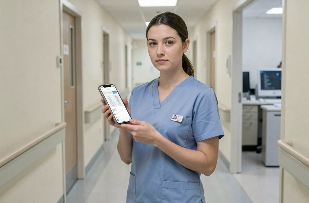 Infirmière en couloir d'hôpital consultant l'application STERDEX sur son smartphone pour mieux gérer les soins