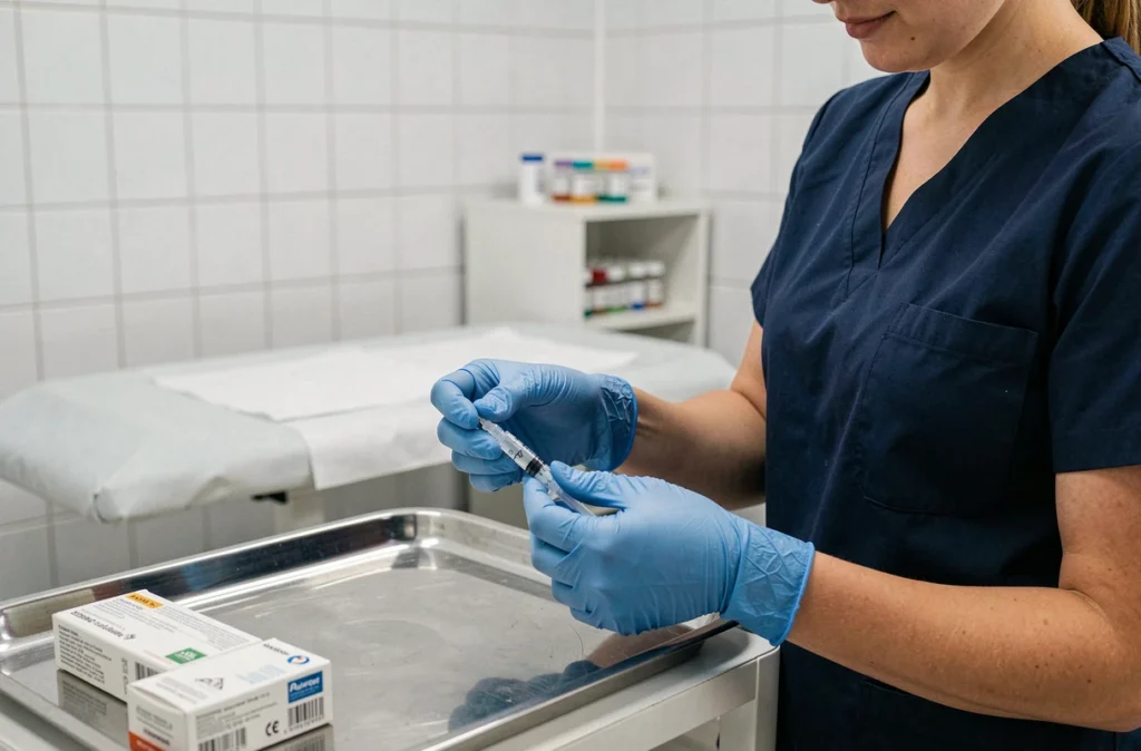 Infirmière préparant un vaccin dans une clinique de vaccination prénatale