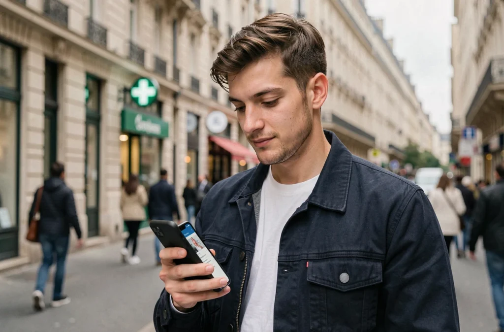 Jeune homme recherchant un médecin sur une application mobile d'annuaire de santé dans une rue parisienne