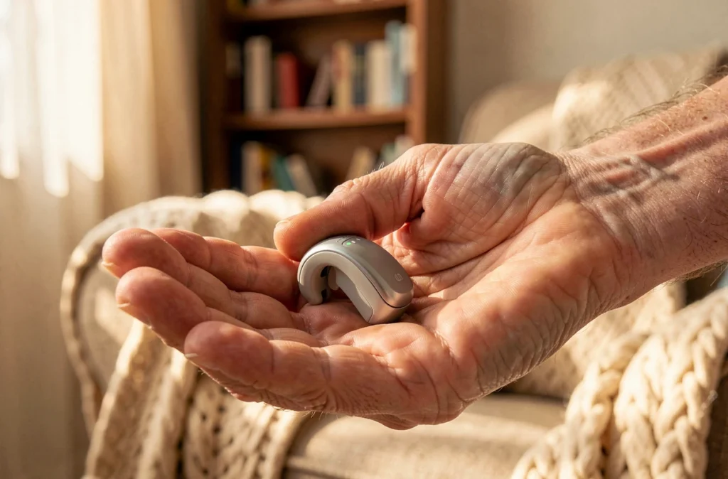 Gros plan sur les mains d'une personne âgée tenant un appareil auditif moderne, symbolisant le dépistage et l'appareillage auditif chez les seniors