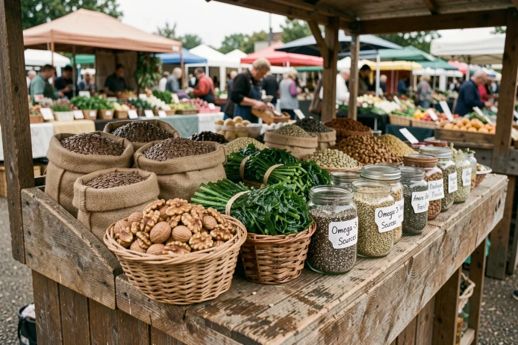 Étal de marché en plein air proposant des sources végétales d'oméga-3 : graines de lin, algues, noix, graines de chanvre et graines de chia dans des paniers en osier
