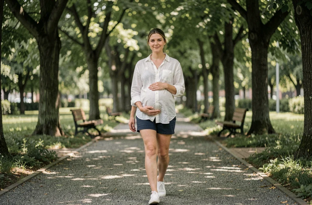 Femme enceinte marchant dans un parc verdoyant en tenue de sport légère et confortable