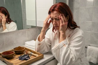 Femme souffrant de maux de tête après une coloration végétale au henné, assise devant son miroir de salle de bain