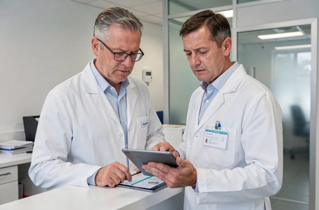 Médecin généraliste consultant une application de prise de rendez-vous sur tablette dans une clinique moderne