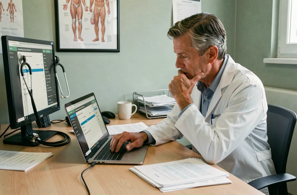 Médecin généraliste consultant l'application STERDEX sur son ordinateur dans un cabinet médical