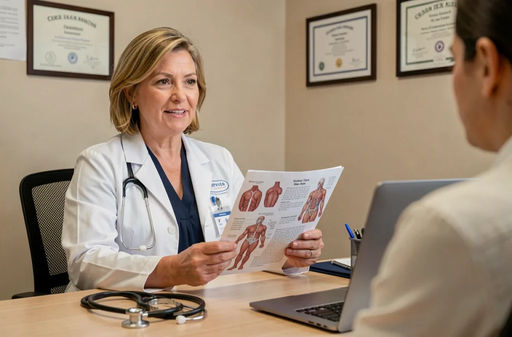 Médecin gynécologue femme en consultation médicale tenant une brochure explicative, dans un cabinet médical professionnel