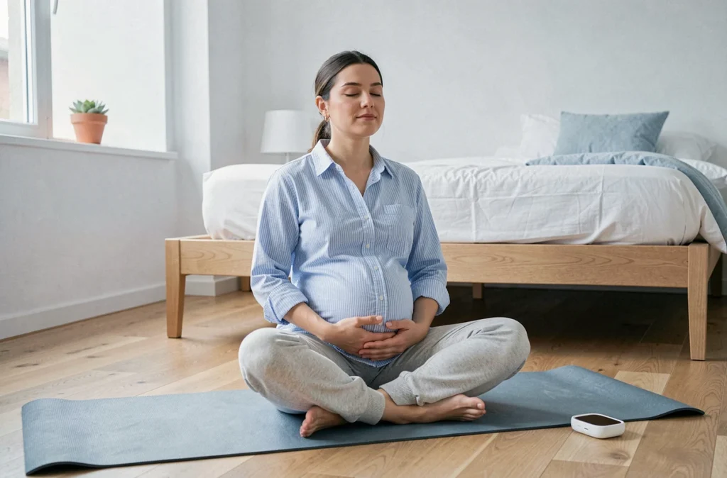 Femme enceinte pratiquant la méditation et la relaxation sur un tapis de yoga dans une chambre minimaliste pour améliorer la qualité de son sommeil pendant la grossesse