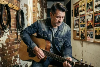 Musicien de rock français assis seul en coulisses avec une guitare acoustique, expression mélancolique et réflexive évoquant une pause dans la carrière