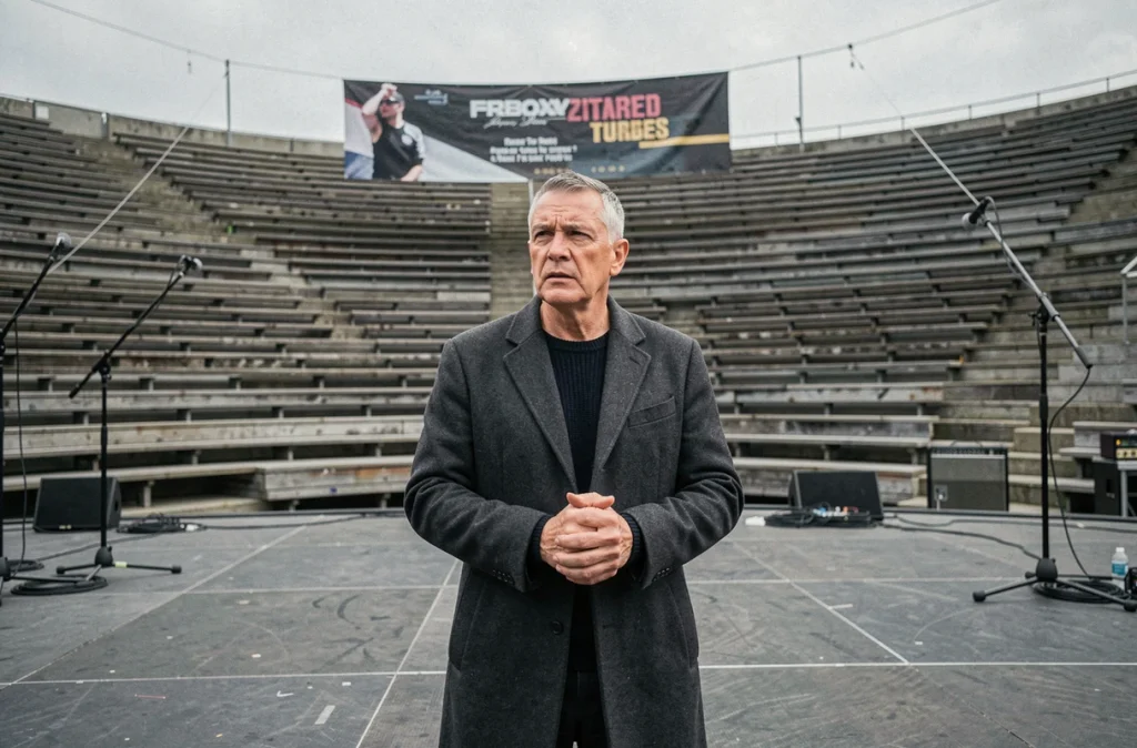 Musicien de rock debout seul sur une scène de concert vide en plein air, regardant les gradins déserts dans une atmosphère de nostalgie et de résilience