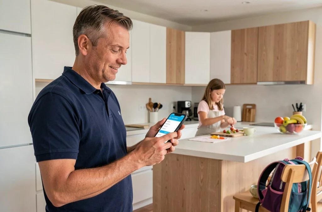 Père de famille consultant les dossiers de santé de ses proches sur l'application mobile de la mutuelle PRO BTP dans sa cuisine