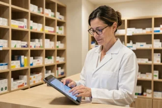 Pharmacienne utilisant l'application STERDEX sur une tablette dans une pharmacie moderne et organisée