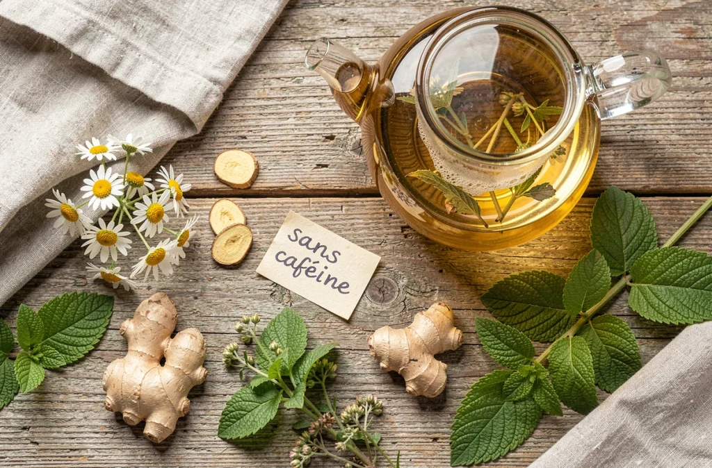 Composition de plantes médicinales et infusions sans caféine adaptées à la grossesse, avec théière en verre et feuilles de framboisier