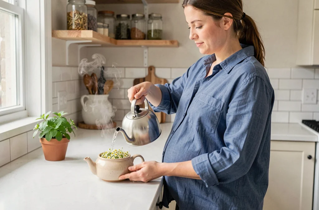 Femme enceinte préparant une infusion de camomille et mélisse dans une cuisine lumineuse, vue de profil mettant en valeur le ventre arrondi