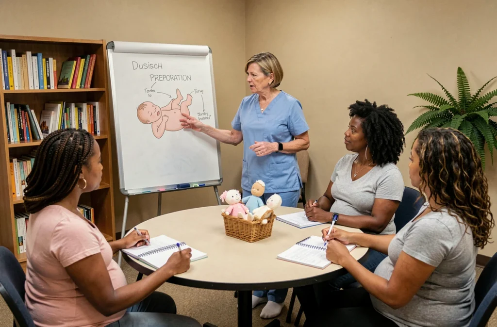 Sage-femme animant un atelier de préparation à la naissance pour un groupe de femmes enceintes autour d'une table dans un centre de santé