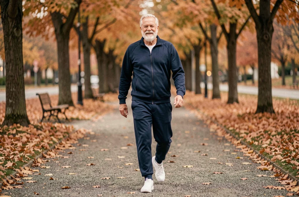 Homme senior marchant d'un pas vif dans un parc en automne, illustrant les bienfaits de la marche douce pour la santé et le bien-être des seniors