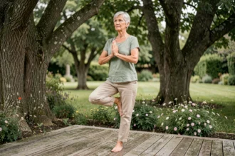 Femme senior pratiquant le yoga en plein air sur une terrasse en bois entourée d'un jardin verdoyant, illustrant l'activité physique douce pour le bien-être des personnes âgées