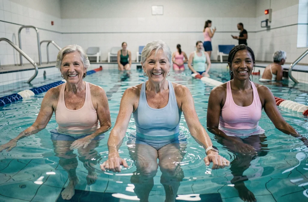 Groupe de femmes seniors pratiquant l'aquagym ensemble dans une piscine intérieure, soulignant les bienfaits de l'activité physique douce et du lien social pour les personnes âgées