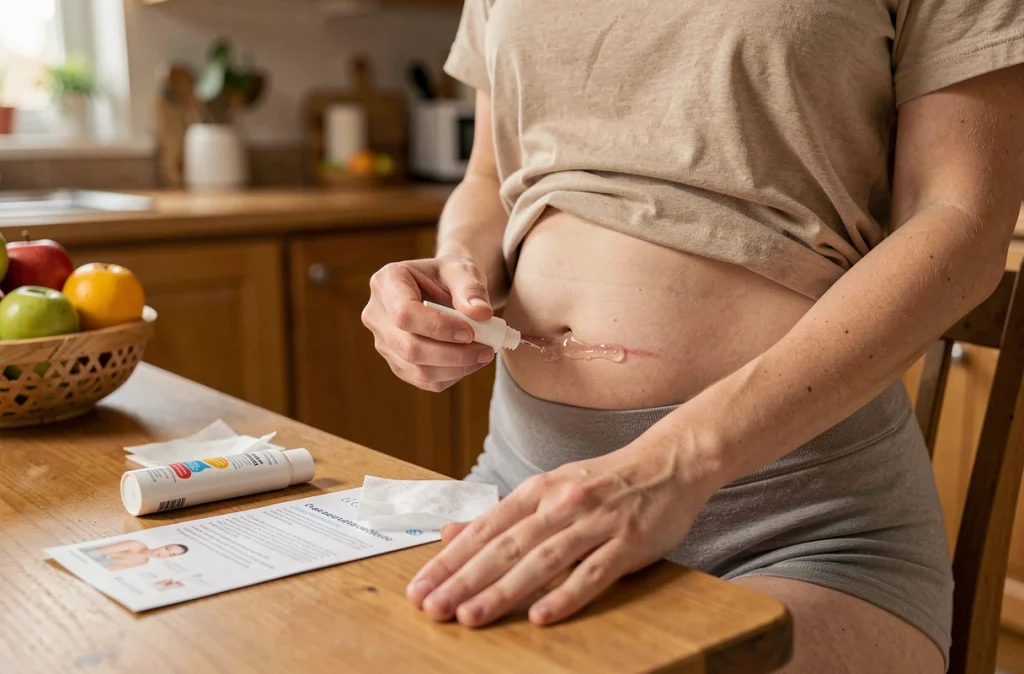 Femme appliquant un gel cicatrisant sur sa cicatrice de césarienne à domicile, entourée de soins post-opératoires sur une table de cuisine