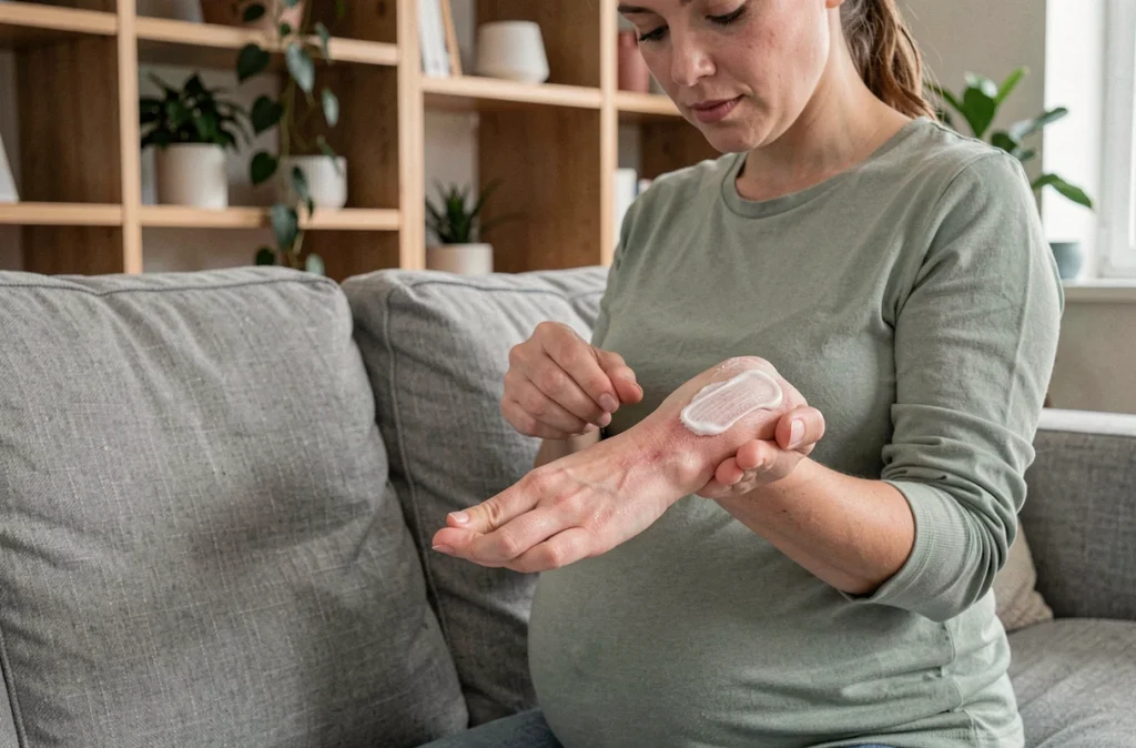 Femme enceinte appliquant une crème hydratante sur ses mains et avant-bras pour soulager la sécheresse cutanée liée à la grossesse