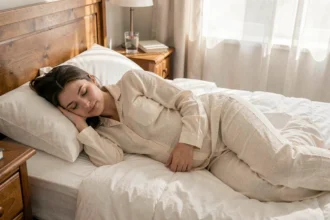 Femme enceinte dormant paisiblement sur le côté dans un lit confortable avec des draps blancs, illustrant l'importance du sommeil pendant la grossesse