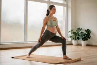 Femme enceinte pratiquant le yoga prénatal doux dans un studio lumineux avec tapis en liège