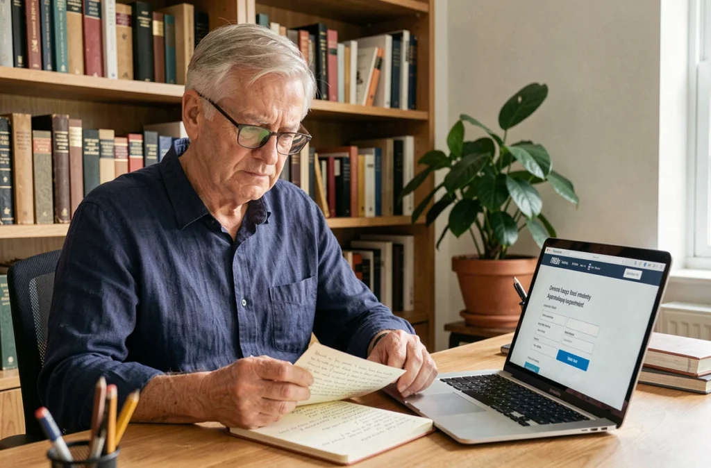 Homme âgé hésitant entre remèdes naturels et consultation dermatologue pour traiter une verrue séborrhéique