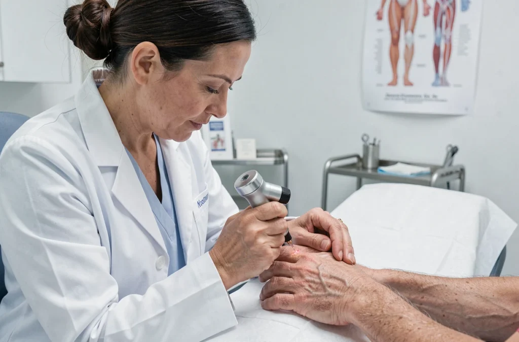 Dermatologue utilisant un dermatoscope pour examiner une verrue séborrhéique sur la main d'un patient en cabinet médical