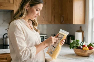 Femme enceinte lisant l'étiquette d'un paquet de fromage râpé pasteurisé dans une cuisine moderne