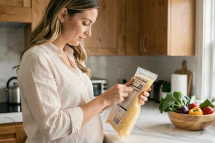 Femme enceinte lisant l'étiquette d'un paquet de fromage râpé pasteurisé dans une cuisine moderne