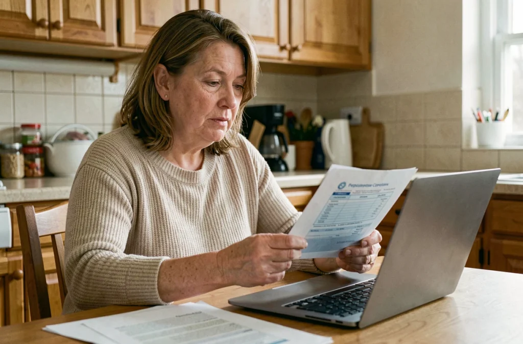 Femme à domicile consultant un formulaire de demande d'indemnisation pour accident du travail sur son ordinateur portable