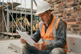 Ouvrier du bâtiment examinant des documents d'indemnisation après un accident du travail sur un chantier de construction