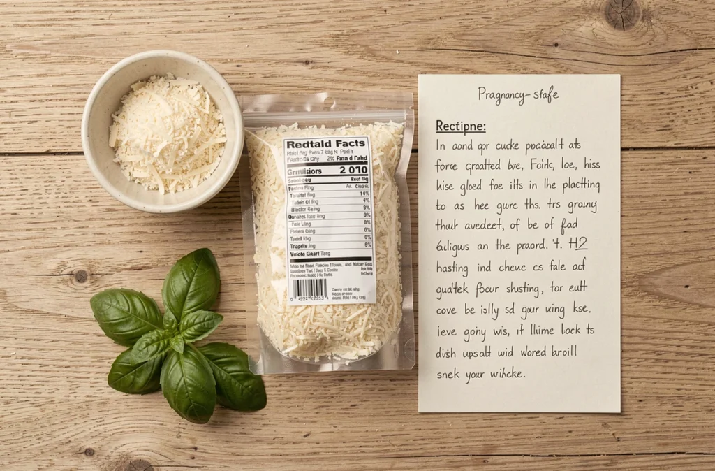 Vue de dessus d'un bol de parmesan râpé pasteurisé et d'un paquet de fromage sur une surface en bois avec une fiche recette