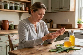 Femme mature examinant une verrue séborrhéique sur son avant-bras à la cuisine, entourée de remèdes de grand-mère naturels