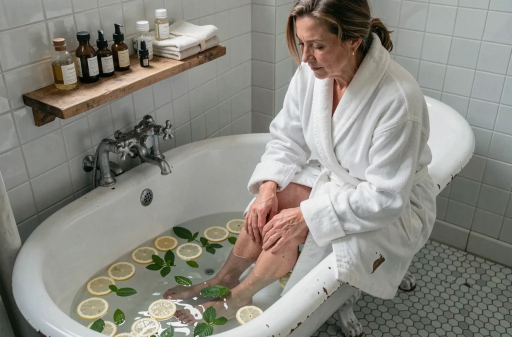Femme soulageant ses jambes lourdes avec un bain de pieds aux plantes et au citron, remède de grand-mère maison