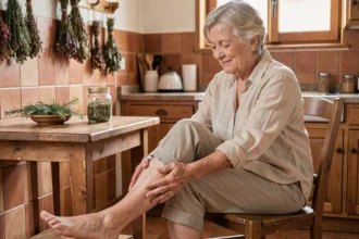 Femme âgée massant ses jambes lourdes avec un remède de grand-mère à base de plantes dans une cuisine rustique